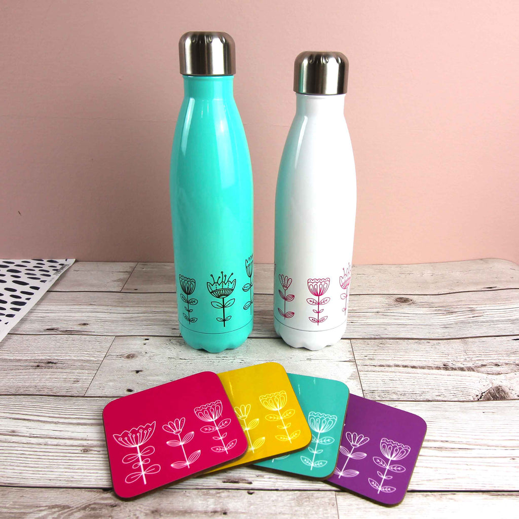 Doodle flowers water bottles and coasters - homewares - Haveago Crafter