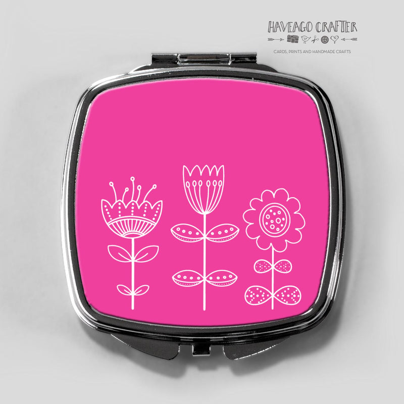 Doodle flowers compact pocket mirror in pink. - Haveago Crafter