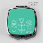 Doodle flowers compact pocket mirror in blue / teal. - Haveago Crafter