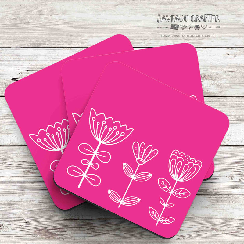 Floral doodle midcentury modern design coaster in pink - Haveago Crafter