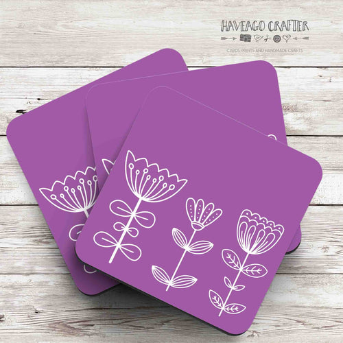 Floral doodle midcentury modern design coaster in purple - Haveago Crafter