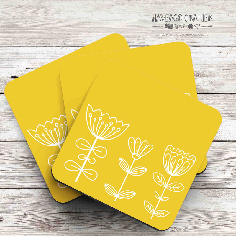 Floral doodle midcentury modern design coaster in yellow - Haveago Crafter