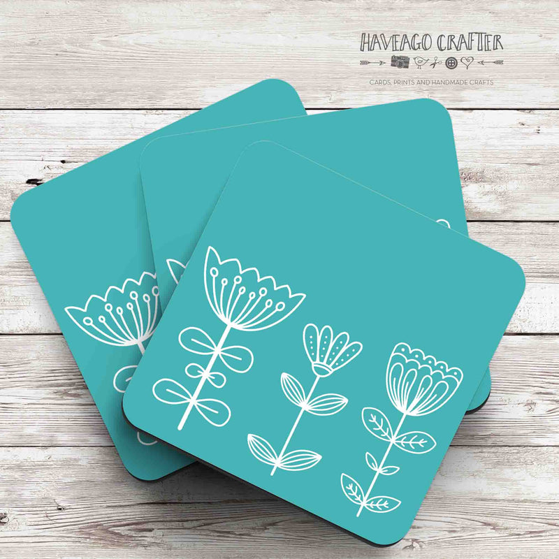 Floral doodle midcentury modern design coaster in blue / teal - Haveago Crafter