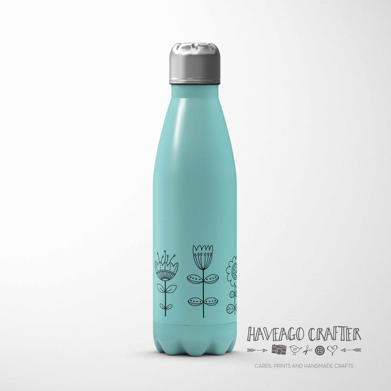 Doodle flower design insulated stainless steel water bottle in various colours. - Haveago Crafter