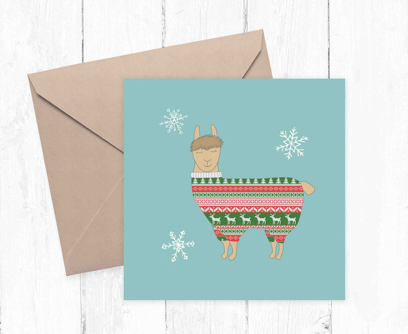 Llama Christmas jumper illustration printed greetings card. - Haveago Crafter