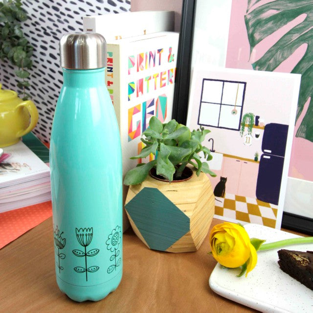 Doodle flower design insulated stainless steel water bottle in various colours. - Haveago Crafter